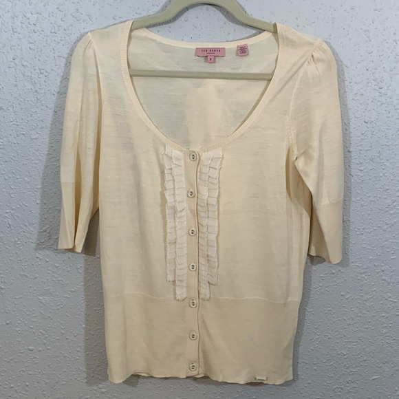 Ted Baker London 100% Silk Ruff Front Bow Back Cream Cardigan Sweater size S - Picture 1 of 15